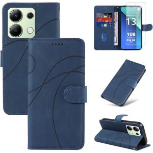 Trahoo-Coque Pour Xiaomi Redmi Note 13 4g (Pas Pour Redmi Note 13 5g) Avec 1 Pièce Protection Écran En Verre Trempé, Housse Pu Cuir À Rabat Flip, Étui Support Et Portefeuille Fonction (Bleu) - Neuf