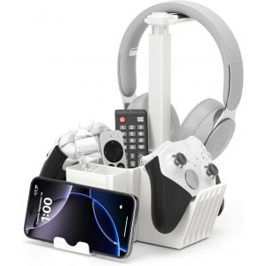 LKLJIJ-Support Manette Double avec Support Téléphone, Support Casque Gamer Universel avec Boîte de Rangement, Porte Manette PS5 Multifonctionnelle, Organisateur de Bureau pour PS4 Xbox One Blanc - Neuf