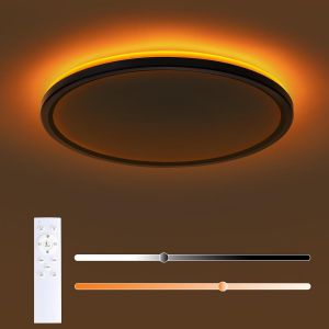 Plafonnier Led Dimmable 24w 2800lm, Plafonnier Avec T&eacute;l&eacute;commande, 1800k 5w Veilleuse Chaude, 3000k-6500k Pour Chambre, Cuisine, Noir 29 X 2,8 Cm - Neuf