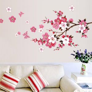 Stickers muraux FLEURS DE CERISIER avec papillons rose rouge (45x60cm) I sakura vigne branche florale arbre autocollant mural pour salon chambre k - Neuf