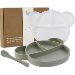 Kal-Assiette Silicone Avec Ventouse Pour Bébé Assiette Antiderapante Avec Couvercle Et Cuillère Assiette Enfant Fille Garçon Set Avec Boîte Cadeau, Sans Bpa Et Lave-Vaisselle (Vert Clair) - Neuf