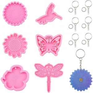 Eryi-Lot De 6 Moules En Silicone Pour Pendentif Sur Le Thème Du Jardin - Breloques Plates En Résine Avec Anneaux Fendus En Fer Et Anneaux Ouverts En Acier Inoxydable - Motif Fleur, Libellule - Neuf