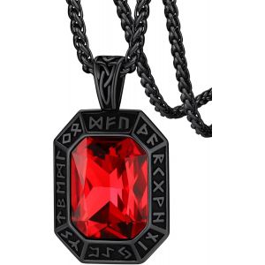 Trahoo-Collier Pendentif Homme Femme Viking Runes Nordique Gothique, Acier Inoxydable Grand Onyx Rubis/Saphir/Pierre Gemme Émeraude/Agate Noire Chaîne Robuste 55+5cm- 22""+2"" Pouces - Neuf