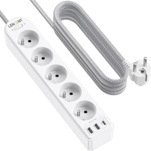 Bloc Multiprise Electrique Am&eacute;lior&eacute;e avec 5 Prises, 2 USB et 1 Type C avec Interrupteur, Tress&eacute; C&acirc;ble 2M, Multiprise USB Rallonge pour Maison, Bureau et Cuisine, Blanche - Neuf
