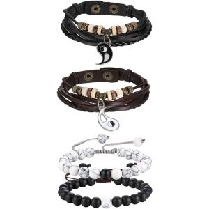 Kal-Bracelet Couple Homme Femme : Bracelet Cuir Tress&eacute; Avec Pendentif Tai Chi Yin Yang Et Bracelet Perles Blanc Noir 2 Paires Cadeaux Anniversaire Bijoux No&euml;l Saint-Valentin Anniversaire, Cuir - Neuf