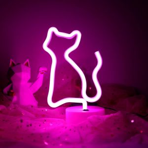 Kuwl-Panneau Lumineux Néon À Led - Motif Chat Rose - Avec Base - Décoration D'intérieur - Fonctionne Avec Piles Et Usb - Pour La Décoration De La Maison Et De Fête - Rose - Neuf
