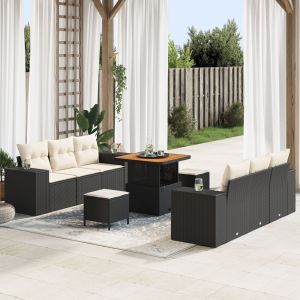 Ensemble De Canap&eacute;s De Jardin De 9 Pi&egrave;ces Avec Coussins Noir Poly Rattan Acacia, Ensemble De Salle &Agrave; Manger De Jardin De 3 Pi&egrave;ces Avec Coussins Noir Poly Rattan Acacia - Neuf