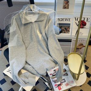 Sweat-Shirt En Pur Coton Pour Femme Printemps Et Automne T-Shirt À Manches Longues À Revers De Couleur Unie Mince Grande Taille Vêtements Pour Femmes - Neuf