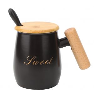 Hjlian Tasse A Cafe En Ceramique Avec Poignee En Bois, Couvercle, Cuillere, Verres Pour La Maison Et Le Bureau, Noir - Neuf