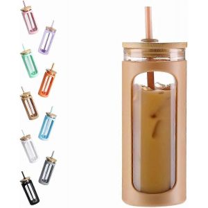 Gobelet à eau en verre de 16 oz avec paille et couvercle,couvercle en bambou,bouteille d'eau,tasse à café glacé,tasse à smoothie réutilisable à large ouverture,paille,silicone - Neuf