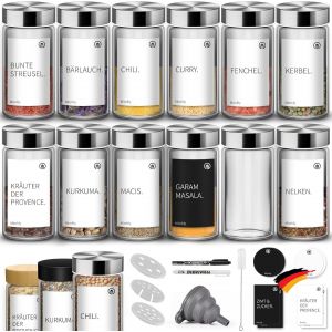 Tianyi-Pot A Epices En Verre, Forme Ronde Bocaux Epices, 12pcs×100ml Epices Pots Rangement-Pots À Épices, Ensemble De Pot Epices Contenir Etiquette Epices¿Entonnoir¿Stylo Effaçable - Neuf