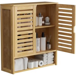 Ulteronixshop-Meuble Salle de Bain Mural: Armoire Toilette Suspendu en Bambou Naturel Placard WC 2 Portes Rangement Cuisine Murale avec &Eacute;tag&egrave;res R&eacute;glables - 59x20.5x66.5 cm - Neuf