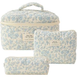 KALANKA-Ensemble de Trousse de Toilette de Voyage 3 pcs pour Femmes, Trousse &agrave; Cosm&eacute;tiques Matelass&eacute;e &agrave; Fermeture &eacute;clair, Sac de Rangement Cosm&eacute;tiques Pratique (Orchid&eacute;e sur Fond Blanc) - Neuf