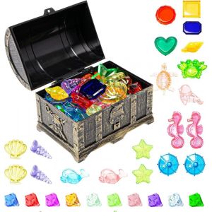 KAL-Coffre Trésor Pirate,30 Pierres Précieuses En Plastique Et Diamants Colorés Jouets De Plongée En Pierres Précieuses Coffre Tresor Enfant Jouets De Natation Pour Enfant Garçon Fille - Neuf