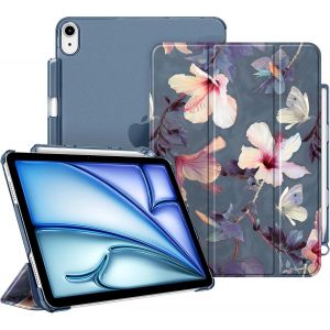 LORANKA-Coque pour iPad Air 11 Pouces (M3) 2025/(M2) 2024 et iPad Air 5e/4e G&eacute;n&eacute;ration 10.9 Pouces (2022/2020) - [Rangement de Stylet] &Eacute;tui Transparent Mat, Housse Fine, Fleur Hibiscus - Neuf