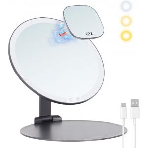 Kal-Miroir De Maquillage De Voyage Avec Lumière, Miroir De Table Pliable Portable Avec Miroir Grossissant X12, Rechargeable, 3 Couleurs, Miroir De Courtoisie Compact Avec Support Réglable - Neuf