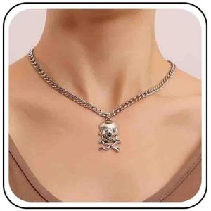 Kal-Collier Pendentif Crâne Punk Collier Crâne Gothique Collier Ras Du Cou Argent Collier Crâne Squelette Collier Os Crâne Halloween Collier Chaîne Squelette Humain Bijoux Pour Femmes - Neuf