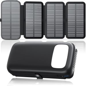 HUI-Chargeur Solaire Power Bank 27000Mah¿Batterie Externe Avec 3 Sorties Usb,Charge Rapide 15W,Lampe Torche Lumineuse Intégrée Et 4 Panneaux Solaires Pliables,Pour Smartphones Tablettes¿Noir¿ - Neuf