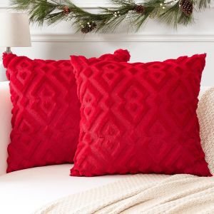 Trahoo-Lot De 2 Doux Peluche Laine Courte Velours D&eacute;coratif Housses De Coussin Luxe Style Pour Canap&eacute; Chambre - Modernes Forme De Diamant Rouge, 60 X 60 Cm - Neuf