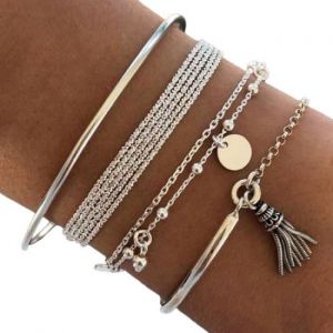 Lot De 4 Bracelets En Argent Avec Chaînes Torsadées, Pompon Et Boules - Neuf