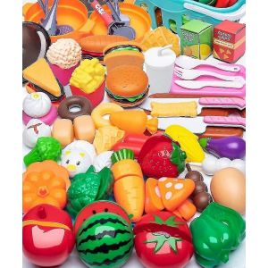 60 pièces de jouets de cuisine pour enfants, fruits et légumes factices avec panier, mini plats en plastique, fruits factices éducatifs - Neuf
