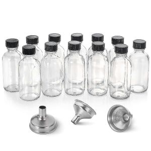 Paquet De 12 Bouteilles En Verre Transparent De 2 Oz (60 Ml) Avec Couvercles Et 3 Entonnoirs En Acier Pour Échantillons D'huiles,De Jus Et De Potions - Neuf
