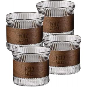 Tianyi-Lot De 4 Tasses À Expresso En Verre 170 Ml Avec Bois De Noyer, Verres À Cappuccino, Tasses À Thé Pour Thé, Tasses À Expresso, Moka Pour Les Amateurs De Café (Transparent) - Neuf