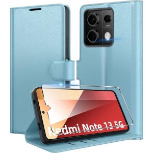 KAL-Coque Pour Xiaomi Redmi Note 13 5G + 1 Verre Tremp&eacute; Protection &Eacute;cran,[Housse Premium En Cuir Pu][Fentes Pour Cartes][Pochette De Portefeuille],Etui &Agrave; Rabat Pour Redmi Note 13 - Bleu - Neuf