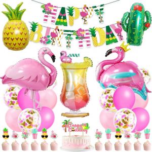 CAUC-Decoration Anniversaire Hawaiian, G&eacute;ant Ballons Flamant Ananas avec Happy Birthday banni&egrave;re, Tropicaux &Eacute;t&eacute; Th&egrave;me Ballons, Ballons Rose pour Hawa&iuml;ens F&ecirc;te Mariage Anniversaire F&ecirc;te Garcon Enfants - Neuf