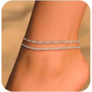 Eryi-2 Pcs Bracelets Chaine De Cheville Pour Femme Argent 925 Multirang 18 Carats Or Chaîne De Cheville En Perles Serpent Cubaine Imperméable Réglable Chaine De Pied Plage D'été Bijoux Pour Enfants - Neuf