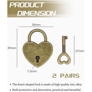 Cadenas &agrave; 2 pi&egrave;ces avec cl&eacute; en forme de coeur Mini-cadenas r&eacute;tro d'amour Cadenas pour bagages Petite cl&eacute; pour valises, bagages, casiers, journaux intimes, bo&icirc;tes &agrave; bijoux - Neuf