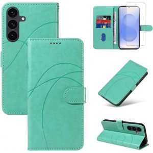 CAUC-Coque Compatible avec Samsung Galaxy S25 FE 5G (Pas pour S25) avec 1 Pi&egrave;ce Protection &Eacute;cran en Verre Tremp&eacute;, Housse PU Cuir &agrave; Rabat Flip, &Eacute;tui Support et Portefeuille Fonction (Vert) - Neuf