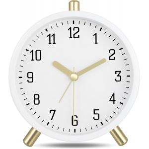 KAL-Métal Reveil Matin Analogique Silencieux, Avec Lumière De Nuit, Blanc Moderne Classique, Simple Horloge De Table Pour Chambre Chevet 11Cm - Neuf