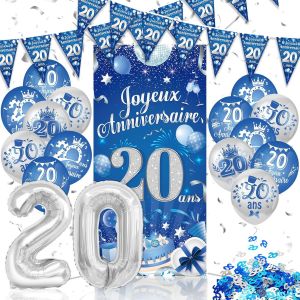KALANKA-Français Décorations Anniversaire 20 ans pour Garçon Homme Bleu Argenté, Joyeux Anniversaire 20 ans Bannière Banderoles, Anniversaire 20 ans Ballons en Foil Latex de Anniversaire 20 ans Confe - Neuf