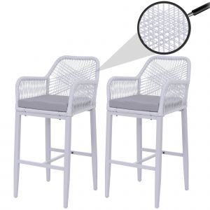 Lot De 2 Tabourets De Bar Rope Hwc-P91, Tabouret De Bar, Tabouret De Comptoir, Coussin D'assise D'ext&eacute;rieur, Tressage En Corde, M&eacute;talGris Clair - Neuf