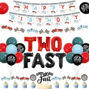 Chicslick-Two Fast Boys Vintage Race Car Lot De Décorations De Fête D'anniversaire 2ème Anniversaire ¿ Bannière « Happy Birthday », Guirlande, Décoration De Gâteau, Décorations De Cupcakes, [X1550] - Neuf