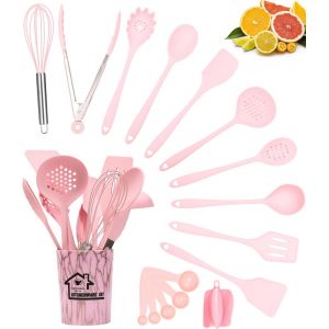 Kal-18 Pièces Ustensiles De Cuisine, Résistant À La Chaleur,Antiadhésif,Ustensiles De Cuisine En Silicone,Lavable Au Lave Vaisselle,Set Ustensiles De Silicone,Set De Cuisine Avec Seau De Rangement(Ro - Neuf