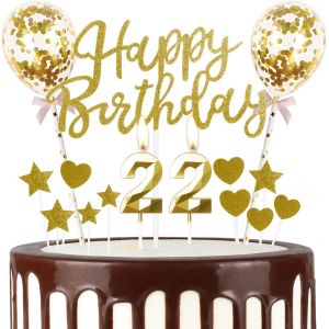 ERYI-Décorations Dorées Pour 22E Anniversaire, Bougies Dorées En Forme De Chiffre 22, Décorations De Gâteau Et Ballons Pour Filles, Femmes, Garçons Et Hommes - Neuf