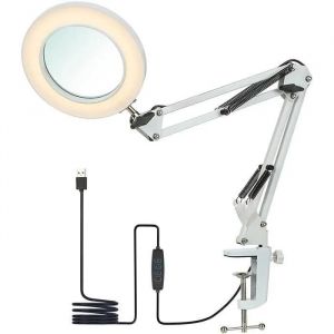 Lampe Loupe À Led Avec Pince, Lampe De Bureau Led, Grossissement 10x,Bras En Métal Réglable,Dimmable Lumière Pour La Lecture(Blanc) - Neuf