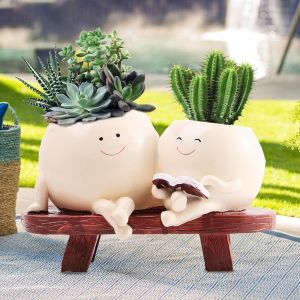 Teppe-Pot De Fleurs Avec Visage,Mignon Pot De Fleurs En R&eacute;sine,Pots De Succulentes Visage Souriant,Pour Plantes Grasses Avec Trou De Drainage - Neuf