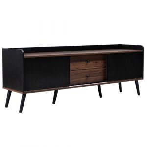 Meuble TV bas avec 2 tiroirs et 2 portes coulissantes en noir et bois naturel, H58 L160 T40 cm - Neuf