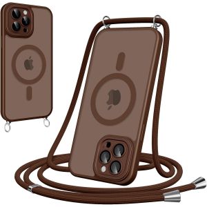 Maa-Coque Magnétique Pour Iphone 15 Pro Max Avec Cordon, [Compatible Avec Magsafe] Etui Translucide Mat Arrière Antichoc Réglable Téléphone Portable Lanyard Case Protection, Brun - Neuf