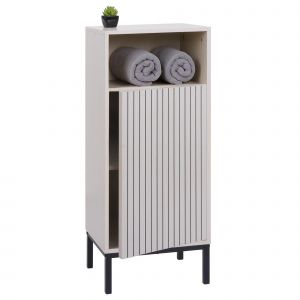 Commode HWC-O42, commode de salle de bain Armoire de salle de bain Armoire &agrave; 1 porte, 3 compartiments de rangement, MDF m&eacute;lamin&eacute; 98x39x30cmaspect bois beige - Neuf