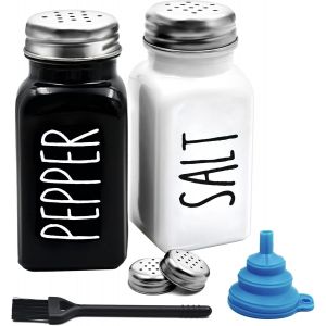 Jexnovashop-Salieres Et Poivrieres, Pots A Epices Noir Et Blanc Avec 4 Couvercles En Acier Inoxydable, Brosse De Nettoyage, Entonnoir, Saliere En Verre Deco Cuisine Ferme Pour Maison Restaurants Mari - Neuf