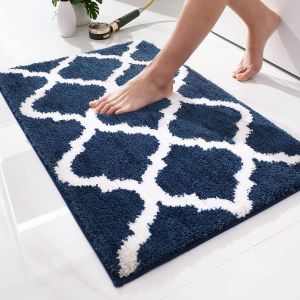 Tapis de Bain Antiderapant,Tapis Salle de Bain Absorbant en Microfibre Douce,Tapis de Salle à Motifs Marocains,Lavable en Machine-50 x 76 cm,Bleu Marine - Neuf