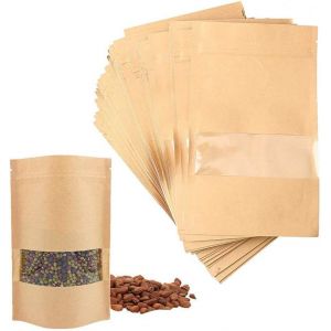 MEVRONISSHOP-Lot de 50 sacs en papier kraft auto-scellants &iquest; Pochettes de stockage alimentaires r&eacute;utilisables avec fen&ecirc;tre transparente &iquest; Pochette debout &iquest; Pour nourriture, graines, fruits secs (9 x - Neuf