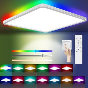 Subzonal-Plafonnier Led Dimmable T&eacute;l&eacute;commande, 24w 13rgb 3200lm Luminaire Plafonniers, 3000k-6500k Lampe Led Plafond Ip54 &Eacute;tanche Carr&eacute; &Eacute;clairage De Plafond Moderne Pour Salle De Bain Salon Chambre 3 - Neuf