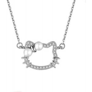 Kal-Collier Chat Diamant Argent Sterling Perle Mignonne Zircone Cubique Pendentif Chaton Collier Dr&ocirc;le Animal De Dessin Anim&eacute; Chat Collier Cha&icirc;ne Bijoux Cadeaux Pour Femmes Adolescentes - Neuf