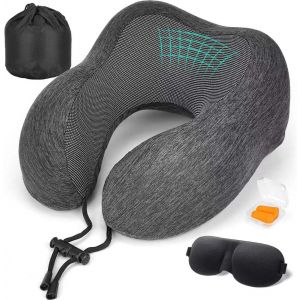 KALANKA-Coussin de Voyage, Oreiller de Voyage Memoire Forme pour Avion, Voiture, Train, Bureau,Voyage avec Bouchons d'oreilles, Masque de Nuit - Neuf
