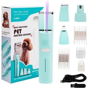 Tondeuse Chien Professionnelle, 4 En 1 Tondeuse Chat Avec Lumi&egrave;re Led Et Lampe Violette Uv, Kit Toilettage Chien Pour Chiens Et Chats, Pour Pattes, Yeux, Oreilles, Visage, Croupe (Vert) - Neuf